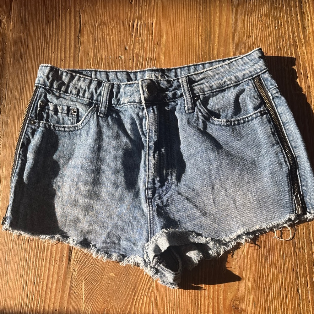 BDG super high rise CHEEKY Denim Jean Shorts with Frayed Edges